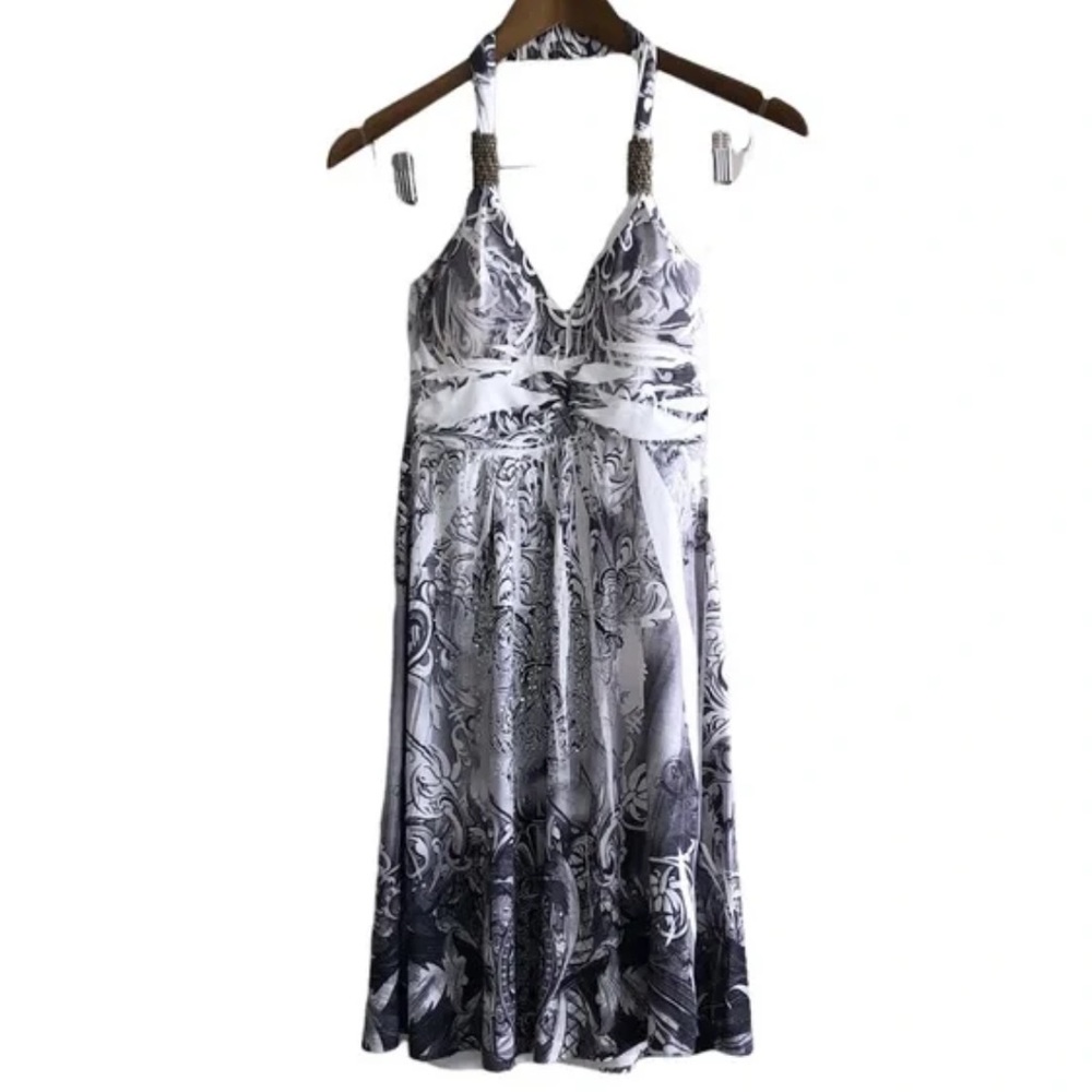 Cristinalove Y2K Beaded Sequin Gemstone Halter V Neck Sleeveless Mini Dress Gray